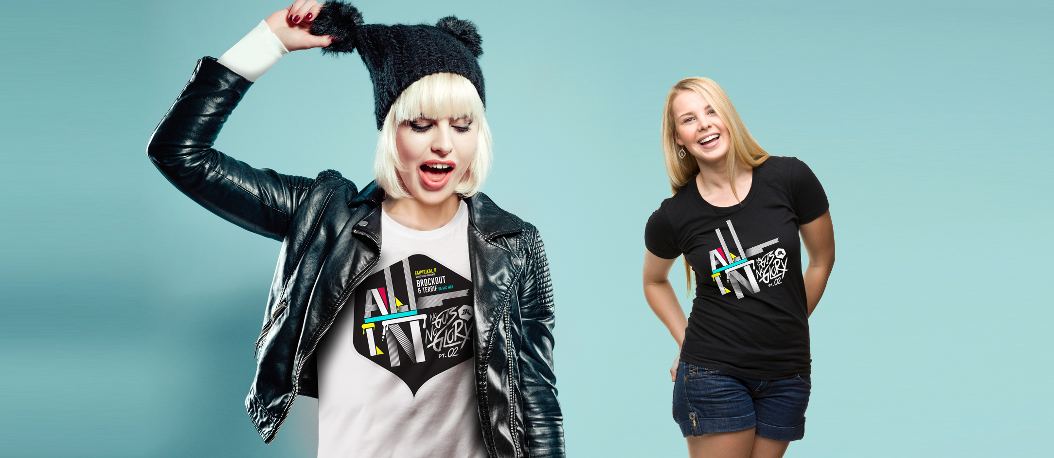 two female models wearing black and white no guts no glory t-shirts